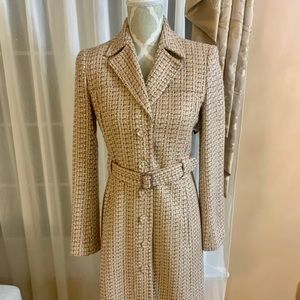 Tweed Coat with Embellished Belt Mid Length